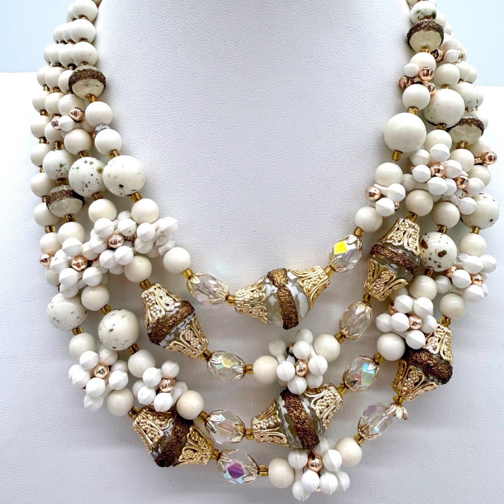 Vintage Japan‎ Multi Strand Beaded Necklace White Gold Chunky Statement